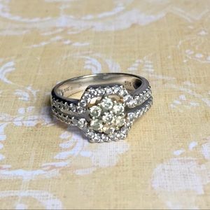 Stamped 14k white gold diamond flower ring
